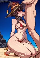 1boy ai_generated bangs beach bikini black_hair black_headwear blue_sky blush breasts brown_hair clothed_female_nude_male collar covered_nipples cum cum_in_mouth day fellatio female hat high_heels kneeling kono_subarashii_sekai_ni_shukufuku_wo! konosuba medium_breasts megumin micro_bikini mosaic_censoring navel nude ocean oral orange_footwear outdoors penis red_bikini red_eyes rock saliva sand short_hair short_hair_with_long_locks sidelocks sky small_breasts sofaxd3x solo_focus straight sweat swimsuit testicles thighs tongue water witch_hat
