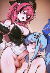 1futa 1girls ai_generated anchor_(innocent_maid)_(nikke) anchor_(nikke) bare_shoulders black_choker black_corset blue_eyes blue_hair bottomless breasts cleavage detached_collar detached_sleeves fellatio futa_on_female goddess_of_victory:_nikke gradient_background hair_ornament hair_ribbon hand_on_own_hip irofox kneeling long_hair mast_(nikke) mast_(romantic_maid)_(nikke) penis pink_hair pirate_hat ponytail purple_eyes sidelocks skin_fang streaked_hair testicles two_side_up uncensored waist_apron