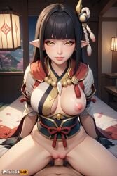 1boy 1girls ai_generated bed black_gloves black_hair blunt_bangs blush bottomless breasts capcom closed_mouth cowgirl_position eyeshadow female gloves hair_ornament hi_res hime_cut hinoa indoors japanese_clothes jewelry kimono large_breasts long_hair looking_at_viewer makeup male minoto monster_hunter monster_hunter_rise navel necklace night nipples one_breast_out patreon_logo patreon_username penis petals pointy_ears pov pussy pussy_juice red_eyeshadow rule34lab sex smile solo_focus spread_legs straddling straight uncensored vaginal_penetration vaginal_sex wyverian yellow_eyes