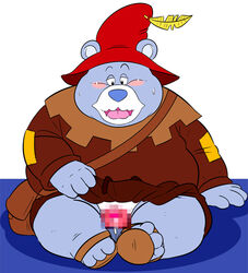 2008 adventures_of_the_gummi_bears anthro balls belly blue_body blue_fur blush censored clothing disney footwear fur genitals hat headgear headwear humanoid_hands kemono male male_only mammal norataro overweight overweight_male penis robe sandals sitting solo tummi_gummi ursid