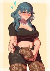 1girls big_breasts big_penis blue_hair buldge byleth_(fire_emblem) byleth_(fire_emblem)_(female) cleavage clothed cock_bulge dick_bulge fire_emblem fire_emblem:_three_houses hiddenfuchsia solo solo_female solo_futa tights trans_woman transfem unzipped unzipped_shorts