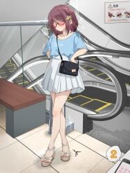 artist_name bag bench blue_shirt blush bracelet cellphone clothes_writing collarbone commentary_request crossed_legs dorsiflexion embarrassed escalator faceless faceless_female female flat_chest full_body glasses handbag hands_on_own_hips highres indoors jewelry kakuremino7928 large_variant_set legs miniskirt nail_polish open_mouth original phone pink_nails pleated_skirt public_indecency public_vibrator purple_hair raised_eyebrows red-framed_eyewear remote_control_vibrator revision sandals semi-rimless_eyewear sex_toy shirt shirt_tucked_in short_hair short_sleeves shoulder_bag sidelocks sign signature skirt smartphone solo speech_bubble spoken_blush stairs standing sweat tile_floor tiles toenail_polish toenails translated trembling twitter_username variant_set vibrator vibrator_under_clothes watson_cross white_sandals white_skirt