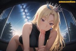 1boy 1girl ai_generated all_fours bare_arms bare_shoulders black_shirt blonde_hair blush bottomless breasts brown_eyes cloud crown earrings erection fellatio fisheye hetero indoors jewelry jujutsu_kaisen large_breasts long_hair looking_at_viewer medium_breasts mini_crown night night_sky nivora oral parted_bangs penis penis_grab pov shirt shooting_star sky sleeveless sleeveless_shirt sleeveless_turtleneck solo_focus star_(sky) starry_sky taut_clothes taut_shirt tree tsukumo_yuki_(jujutsu_kaisen) turtleneck uncensored veins veiny_penis window yuki_tsukumo