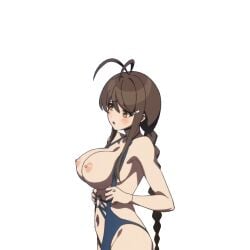 1girls ahoge big_breasts bikini blush braid braided_ponytail breasts breasts_out brown_eyes brown_hair busty clothes_pull cute female female_only flustered from_side highres large_breasts legs long_hair navel nipples nukigee_mitai_na_shima_ni_sunderu_watashi_wa_dou_surya_ii_desu_ka? nukitashi:_the_animation one-piece_swimsuit one-piece_swimsuit_pull open_mouth pose posing presenting pulled_by_self sideboob solo swimsuit tadasugawa_rei thighs tongue very_long_hair voluptuous