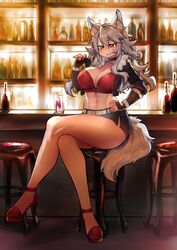 1girls abs bar big_breasts crossed_legs dog_ears dog_tail ferania_(deathblight) gradient_eyes grey_fur grey_hair high_heels jacket looking_at_viewer midriff miniskirt muscular_female osiimi side_slit solo solo_female tank_top thick_thighs