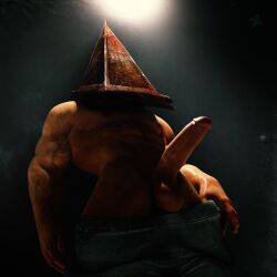 2025 3d abs balls biceps erection large_penis low_angle_view male_only masked masked_male muscular muscular_male nipples partially_clothed pectorals penis pyramid_head silent_hill solo tauntilock undressing veins