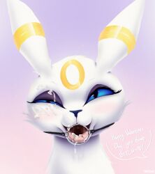blue_eyes blush bodily_fluids cum cum_in_mouth cum_inside cum_on_eye cum_on_face eeveelution english_text feral fur gag gagged generation_2_pokemon genital_fluids hi_res looking_at_viewer male markings naircat nintendo pokemon pokemon_(species) portrait solo text trig umbreon white_body white_fur