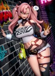 1girls 3d alternate_version_available belt belt_buckle big_breasts black_shorts bottomwear breasts coin crop_top ear_piercing earrings evekaczmarek female female_only hair hair_ornament hair_ribbon hairclip heart heart_earrings hips huge_breasts koikatsu large_breasts legwear long_hair mole mole_on_breast mole_on_thigh mole_under_eye motion_lines multicolored_nail_polish multicolored_nails nail_polish nails necklace neckwear nicole_demara peace_sign pink_hair ribbon short_shorts shorts solo solo_female speech_bubble thick_thighs thigh_strap thighhighs thighs topwear twintails wide_hips zenless_zone_zero