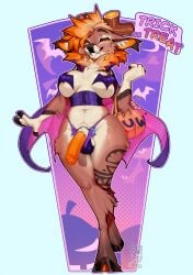 2025 5_fingers animal_genitalia anthro areola balls breasts brown_body brown_fur clenched_teeth clothed clothed_anthro clothed_gynomorph clothed_intersex clothing cloven_hooves cocoline_(artist) countershade_torso countershading deer dialogue digital_media_(artwork) english_text erection fingers front_view fur futanari genitals gynomorph hair hi_res hooves intersex looking_at_viewer mammal navel orange_eyes orange_hair penis sheath smile solo speech_bubble standing teeth text