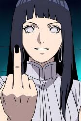 , ai_generated black_nails, black_toenails, earrings, evil_grin evil_smile feet, feet_fetish, femdom, flipping_off, hinata_hyuuga, lipstick middle_finger, naruto, naruto_(series), naruto_shippuden, purple_hair, sandals,