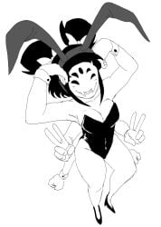 5_eyes 6_arms black_and_white black_eyes black_hair black_sclera breasts bunny_ears bunnysuit fangs fat_ass female fit gloves hands_on_head high_heels large_breasts muffet peace_sign pose short_hair silly_face smile tagme thick_thighs tied_hair undertale undertale_(series) wide_hips zackocafeina