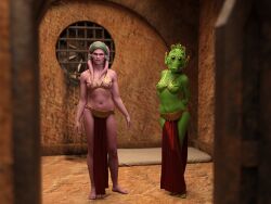 2girls 3d alien_girl combatcourtesan daz_studio female females_only green-skinned_female green_skin loincloth pelvic_curtain pink-skinned_female pink_skin rodian slave_leia_(cosplay) star_wars twi'lek