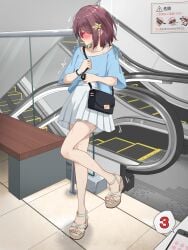 artist_name bag bench blue_shirt blush bracelet cellphone clothes_writing collarbone commentary_request drooling embarrassed escalator faceless faceless_female female flat_chest full_body glasses handbag hands_up highres holding_strap indoors jewelry kakuremino7928 large_variant_set leg_up legs miniskirt nail_polish nose_blush open_mouth original phone pink_nails pleated_skirt profile public_indecency public_vibrator purple_hair pussy_juice raised_eyebrows red-framed_eyewear remote_control_vibrator revision saliva sandals semi-rimless_eyewear sex_toy shirt shirt_tucked_in short_hair short_sleeves shoulder_bag sidelocks sign signature skirt smartphone solo speech_bubble stairs standing standing_on_one_leg sweat tears thighs tile_floor tiles toenail_polish toenails translated trembling twitter_username variant_set vibrator vibrator_under_clothes white_sandals white_skirt