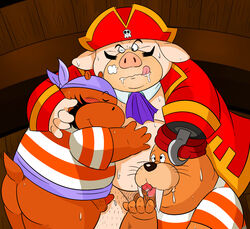 2011 anthro ass balls belly blush bodily_fluids closed_eyes clothing domestic_pig genitals group hat headgear headwear hug kemono male male/male mammal marine norataro oral overweight overweight_male penis pink_body pinniped pirate sex shirt suid suina sus_(pig) sweat topwear walrus