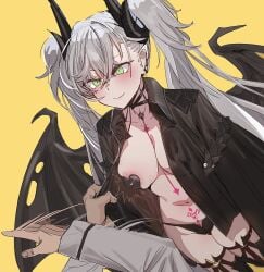 1girl areola_slip bow_(bhp) fate/grand_order fate_(series) female lilith_(fate) male_out_of_frame no_bra open_clothes panties pasties