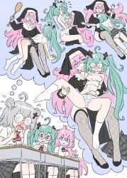 3girls @_@ between_breasts black_shoes black_thighhighs blue_pants breasts breasts_out camisole character_request closed_eyes commentary confessions_of_a_rotten_girl_(vocaloid) cross_hair_ornament desk double_bun face_between_breasts fingering fishnet_thighhighs fishnets flying_sweatdrops glasses green_hair grey_hair grey_skirt hair_bun hair_ornament hatsune_miku head_between_breasts high_heels highres imagining large_breasts long_hair megurine_luka multiple_girls nipples nun open_mouth paddle panties pants pink_hair plaid_clothes plaid_skirt pleated_skirt purple_eyes reach-around school_desk shirt shoes skirt smile socks speech_bubble striped_clothes striped_panties symbol-only_commentary thighhighs thought_bubble truffleduster twintails underwear vocaloid white_camisole white_shirt white_socks yuri