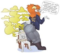 ambiguous_gender anthro bound bovid caprine chair clara_(fuzuart) clothed clothing dialogue duo fart fart_cloud fart_fetish fbi female furniture hair hi_res horn iamapoliceman male male/female mammal ng_on_another orange_hair sheep tied_to_chair