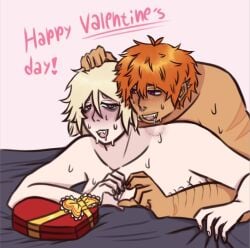 beelzebub_(obey_me) blonde_female blue_eyes couple couple_sex drooling eyebags female hair_grab obey_me! obey_me!_one_master_to_rule_them_all oc orange_hair original_character piercing scars_on_arm selfship selfshipping sharp_teeth sweat sweatdrop tan_skin valentine's_day yumeshipping