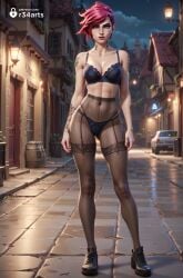 1girls abs ai_generated arcane arcane_vi arm_tattoo artist_name black_bra black_panties bra breasts car cleavage collarbone earrings full_body garter_belt garter_straps hi_res high-waist_pantyhose jewelry league_of_legends lingerie looking_at_viewer medium_breasts motor_vehicle navel netflix night outdoors panties pantyhose piercing pink_hair r34arts red_hair riot_games scar shoes short_hair sky solo standing tattoo thighhighs toned undercut underwear vi vi_(league_of_legends)