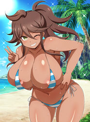 afuro big_breasts bikini breasts brown_hair brown_skin busty cleavage danganronpa danganronpa_2 danganronpa_2:_goodbye_despair female female_only hourglass_figure huge_breasts large_breasts one_eye_closed owari_akane smile smooth_skin solo solo_female teeth voluptuous voluptuous_female