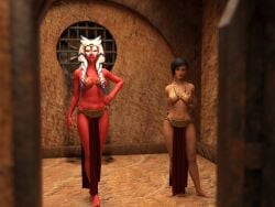 2girls 3d combatcourtesan daz_studio female females_only loincloth pelvic_curtain red-skinned_female red_skin slave_leia_(cosplay) star_wars togruta