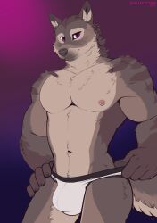 2025 absurd_res anthro biceps black_clothing black_underwear brown_body brown_fur bulge canid canine canis claws clothing countershade_torso countershading finger_claws fingers fur furry hand_on_hip hi_res light_body light_fur male mammal nipple_piercing nipples pecs piercing pink_nipples pose shiuk text underwear url white_clothing white_underwear wolf