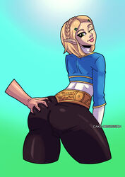 big_ass big_breasts blonde_hair breath_of_the_wild butt_grab cake_obsession clothed_female elf_ears female green_eyes male nintendo partial_male pointy_ears princess_zelda short_hair smile straight tears_of_the_kingdom the_legend_of_zelda zelda_(tears_of_the_kingdom)