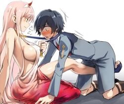 1boy 1girls barely_clothed black_hair blue_eyes blush breasts clothed darling_in_the_franxx dress female femdom green_eyes hiro_(darling_in_the_franxx) male malesub pink_hair suit tan_skin zero_two_(darling_in_the_franxx)