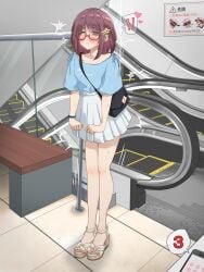 ! !! artist_name bag bench blue_shirt blush bracelet cellphone clenched_hands closed_mouth clothes_writing collarbone commentary_request dorsiflexion embarrassed escalator female flat_chest full_body glasses handbag heart highres indoors jewelry kakuremino7928 large_variant_set legs legs_together miniskirt nail_polish orange_eyes original phone pink_nails pleated_skirt public_indecency public_vibrator purple_hair raised_eyebrows red-framed_eyewear remote_control_vibrator revision sandals semi-rimless_eyewear sex_toy shirt shirt_tucked_in short_hair short_sleeves shoulder_bag sidelocks sign signature skirt smartphone solo speech_bubble spoken_exclamation_mark spoken_heart stairs standing surprised sweat tile_floor tiles toenail_polish toenails translated trembling twitter_username variant_set vibrator vibrator_under_clothes white_sandals white_skirt yellow_eyes