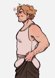 1boy anger_symbol angry_expression arm_hair armpit_hair beard big_butt blond_male blonde_hair_male blonde_male boxers bulge chest_hair curly_(mouthwashing) fat_ass frustrated male male_focus male_only mouthwashing mouthwashing_(game) muscular muscular_male pulling_pants_up solo_male tank_top