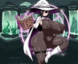 big_ass big_breasts black_hair bodysuit book cape corinna21210534 elona_(corinna21210534) heel_boots heels huge_breasts large_breasts magic magic_circle nipples nipples_visible_through_clothing skindentation spell_book stasis_tank tagme tentacle witch witch_hat