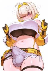 1futa ahoge ai_generated bare_shoulders black_sports_bra blonde_hair bulge colored_inner_hair crop_top elegg_(nikke) embarrassed erection_under_clothes goddess_of_victory:_nikke hair_over_one_eye huge_breasts irofox looking_down micro_shorts navel purple_eyes short_hair solo standing stomach two-tone_gloves yellow_hair