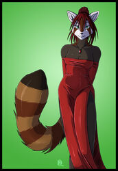 1girls dress female_focus female_only furry green_eyes kadath kadath_universe looking_at_viewer necklace red_dress red_hair red_panda ruby_(kadath) simple_background solo tail thighs