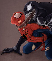 2boys artist_request big_dom_small_sub bodysuit bondage choking claws clothed gay grabbing_from_behind implied_sex interspecies larger_male latex long_tongue male male_only marvel marvel_comics mask nude peter_parker saliva size_difference smooth_skin source_request spider-man spider-man_(series) surprised teeth tongue venom venom_(marvel) yaoi