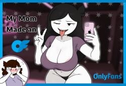 1girls 2girls absurd_res absurdres ai_assisted ai_generated bimbo black_eyes black_hair busty cleavage crop_top curvy english_text high_resolution highres iphone jaiden jaiden_animations jaidenanimations jaidens_mom large_breasts mature_female older_female one_eye_closed onlyfans onlyfans_model overlay peace_sign purple_shirt raleu10 sagging_breasts selfie slim_waist story_time taking_picture taking_selfie thick_thighs thong thumbnail tongue_out wide_hips