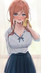 1girls absurdres arm_behind_back blue_eyes blue_skirt blush bra_visible_through_clothes breasts brown_hair cleavage collarbone commentary curtains dairiseki female gakuen_idolmaster highres himesaki_rinami holding holding_towel idolmaster large_breasts long_hair looking_at_viewer messy_hair nose_blush open_mouth see-through_clothes see-through_shirt shirt shirt_tucked_in simple_background skirt solo thighs towel wet wet_clothes wet_face wet_hair wet_shirt white_background wiping_face