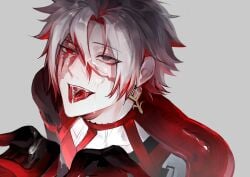 1boy absurdres after_fellatio ankh_earrings black_gloves burn_scar chuan colored_inner_hair cum cum_in_mouth cum_in_nose cum_on_body cum_on_hair cum_on_hands cum_on_tongue earrings face_closeup facial fangs gloves grey_eyes hair_between_eyes heterochromia highres implied_after_fellatio jewelry male male_focus medium_hair multicolored_hair no_visible_genitalia open_mouth red_eyes scar scar_(wuthering_waves) scar_across_eye scar_on_face simple_background solo tongue tongue_out tongue_tattoo two-tone_hair white_background white_hair wuthering_waves yaoi