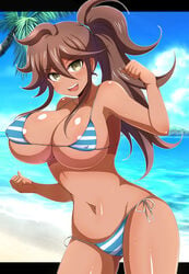 afuro big_breasts bikini breasts brown_hair brown_skin busty cleavage danganronpa danganronpa_2 danganronpa_2:_goodbye_despair female female_only hourglass_figure huge_breasts large_breasts owari_akane solo solo_female straight_hair voluptuous voluptuous_female