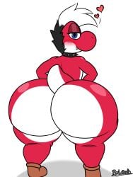 2025 anthro ass ass_focus big_ass big_butt blue_eyes blush blush_lines boots character_request collar digital_drawing_(artwork) digital_media_(artwork) dinosaur eyelashes eyeshadow fang femboy hair heart heart_symbol hi_res highres horny looking_at_viewer looking_back male naked nintendo original_character raylopez red_yoshi reptile showing_ass super_mario_bros. tagme tail thighs two_tone_body two_tone_hair voluptuous_femboy white_background yoshi