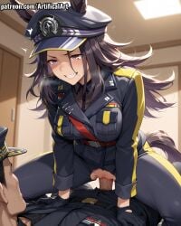 1boy 1girls ai_generated animal_ears artifical_art balls black_hair black_hat blush clitoris cowgirl_position fenomeno_(umamusume) horse_ears horse_girl horse_tail light-skinned_female light_skin peaked_cap penis penis_in_pussy perfect_body purple_eyes pussy pussy_juice riding riding_penis sex smile spread_legs umamusume umamusume_pretty_derby vaginal_penetration vaginal_sex white_gloves