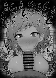 1boy 1girls :>= big_penis black_and_white blush censored detailed_background drooling ear_piercing eyelashes fellatio female hairclip heart hhuman indoor inside kurotama looking_at_viewer male male_pov oral oral_sex penis room saliva school_uniform shiny shiny_skin short_hair sketch sound_effects squatting student sweat text vein veins veiny veiny_penis witch_watch