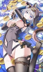 :p absurdres animal_ear_fluff animal_ears arms_up artist_name belt black_leotard black_thighhighs blue_eyes blush breasts cat_ears censored chinese_commentary cipher_(honkai:_star_rail) closed_mouth clothing_cutout coin commentary_request female fingernails flower foot_out_of_frame grey_hair highleg highleg_leotard highres holding holding_coin honkai:_star_rail honkai_(series) jndfh large_breasts leotard long_hair long_sleeves looking_at_viewer lying mosaic_censoring nail_polish navel navel_cutout nipples no_shoes on_back paid_reward_available paw_pose pixiv_logo purple_flower pussy solo thigh_belt thigh_strap thighhighs thighs tongue tongue_out torn_clothes torn_leotard variant_set very_long_hair yellow_nails