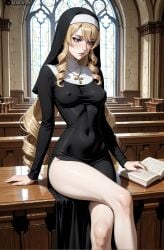 (genshin ai_generated ass bare_legs bare_thighs big_breasts black_dress blonde_hair blue book breast_squeeze breasts calm cleavage cleavage_dress cleavage_window coif collar cross crossed curled desk down dress dress_pull expression eyes female genshin_impact hair high_collar hips impact) large_breasts legs legs_crossed long long_sleeves long_veil looking mihoyo mihoyo_technology_(shanghai)_co._ltd. navia navia_(genshin_impact) necklace nipple_outline nipples nipples_visible_through_clothing nun nun's_habit on outfit pov push-up reading sitting sleeveless_dress slim_girl slim_waist slutty_clothes soft_breasts tight_clothing veil whore whore_eyes