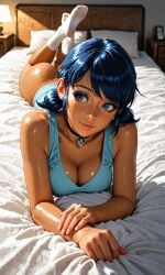 1girls ai_generated bare_arms bare_ass bare_legs bare_shoulders bare_thighs bed bedroom blue_eyes blue_hair chocker cleavage disney disney_channel eyebrows eyelashes eyeliner eyeshadow feet_up female hi_res ladybug_(character) large_ass large_breasts looking_to_the_side lying lying_on_bed lying_on_stomach marinette_cheng marinette_dupain-cheng miraculous:_tales_of_ladybug_and_cat_noir miraculous_ladybug pillow shiny_skin smiling socks solo solo_female solo_focus tank_top tanned tanned-skinned_female tanned_female tanned_girl tanned_skin thick_thighs twintails waifufamily
