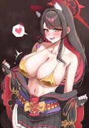 absurdres animal_ears bare_shoulders bikini black_flower black_gloves black_kimono black_nails blue_archive blush bouncing_breasts breasts brown_hair cleavage clothes_pull embarrassed eyeshadow fangs female fingerless_gloves floral_print floral_print_kimono flower fox_ears fox_girl fox_tail gloves gradient_hair gyu_chul hair_flower hair_ornament halo heart highres hip_focus huge_breasts japanese_clothes kimono kimono_pull long_hair makeup midriff motion_lines multicolored_hair navel nervous presenting print_kimono pulling_own_clothes red_eyeshadow red_hair seven_prisoners_(blue_archive) shy solo spoken_blush spoken_heart stomach swimsuit tail two-tone_hair very_long_hair wakamo_(blue_archive) wide_sleeves yellow_bikini yellow_eyes yellow_halo