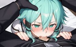 ai_generated aqua_eyes aqua_eyes_female aqua_hair aqua_hair_female asada_shino bed black_clothes black_clothing blush blush_lines blushing_face blushing_female cum cum_in_mouth cum_inside cute cute_girl deepthroat dick_in_mouth embarrassed embarrassed_face embarrassed_female female female_focus female_sub female_submissive femsub girl glare glare_(lighting) gun_gale_online hair_between_eyes hair_ornament hand_on_head hand_on_thigh hand_on_thighs hands_on_thighs indoor indoor_sex indoors indoors_sex male male_dominating_female medium_hair obedience obedient obedient_female obedient_sub oral oral_penetration oral_sex pov pov_hands pov_male saliva saliva_on_face saliva_on_penis salivating short_hair short_hair_female side_bangs sinon submissive submissive_female sweat_on_face sweatdrop sweatdrops sweaty sweaty_genitalia sword_art_online teen teen_girl teenage teenage_girl teenager teenager_girl virtual_reality white_bed white_bed_sheet white_bedsheet white_clothes white_clothing young young_female young_girl