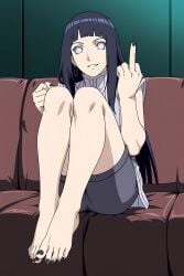 , ai_generated black_nails, black_toenails, earrings, feet, feet_fetish, femdom, flipping_off, from_below hinata_hyuuga, middle_finger, naruto, naruto_(series), naruto_shippuden, purple_hair, sandals, sitting smile smiling