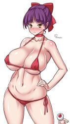 1girls bangs big_breasts bikini bikini_bottom bikini_top blunt_bangs blush breasts catgirl eyeball eyeball_head female female_focus front_view gegege_no_kitarou hair_ribbon hairbow hand_on_hip huge_breasts linea_alba looking_at_viewer medama_oyaji micro_bikini miniboy navel navel_line nekomusume nipple_bulge oblique_edge obliques onomeshin pointy_ears purple_hair red_bikini red_bikini_bottom red_ribbon side-tie_bikini solo_focus thick_stomach underboob upper_body wide_hips yellow_eyes