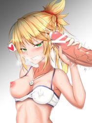 absurdres bandeau blonde_hair braid breasts censored clarent covered_nipples fate/apocrypha fate/grand_order fate_(series) female french_braid green_eyes grin hair_ornament hair_scrunchie handjob highres long_hair looking_at_viewer medium_breasts mordred_(fate) navel nipples one_breast_out penis ponytail precum rebaria red_scrunchie scrunchie shiny shiny_hair shiny_skin smile solo solo_focus straight teeth