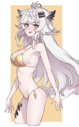 2025 alternate_costume animal_ears aqua_eyes arknights bare_arms bare_shoulders bikini blush border breasts cleavage collarbone cropped_legs embarrassed female fluffy_hair fluffy_tail golden_week golden_week_bikini groin hair_ornament hairclip hi_res lappland_(arknights) long_hair looking_at_viewer material_growth medium_breasts navel nervous nervous_smile oerba_yun_fang open_mouth outside_border shiny_skin sicsic49 side-tie_bikini_bottom simple_background smile solo spaghetti_strap standing strap_gap sweatdrop swimsuit tail thighs white_border white_hair white_tail wolf_ears wolf_girl wolf_tail